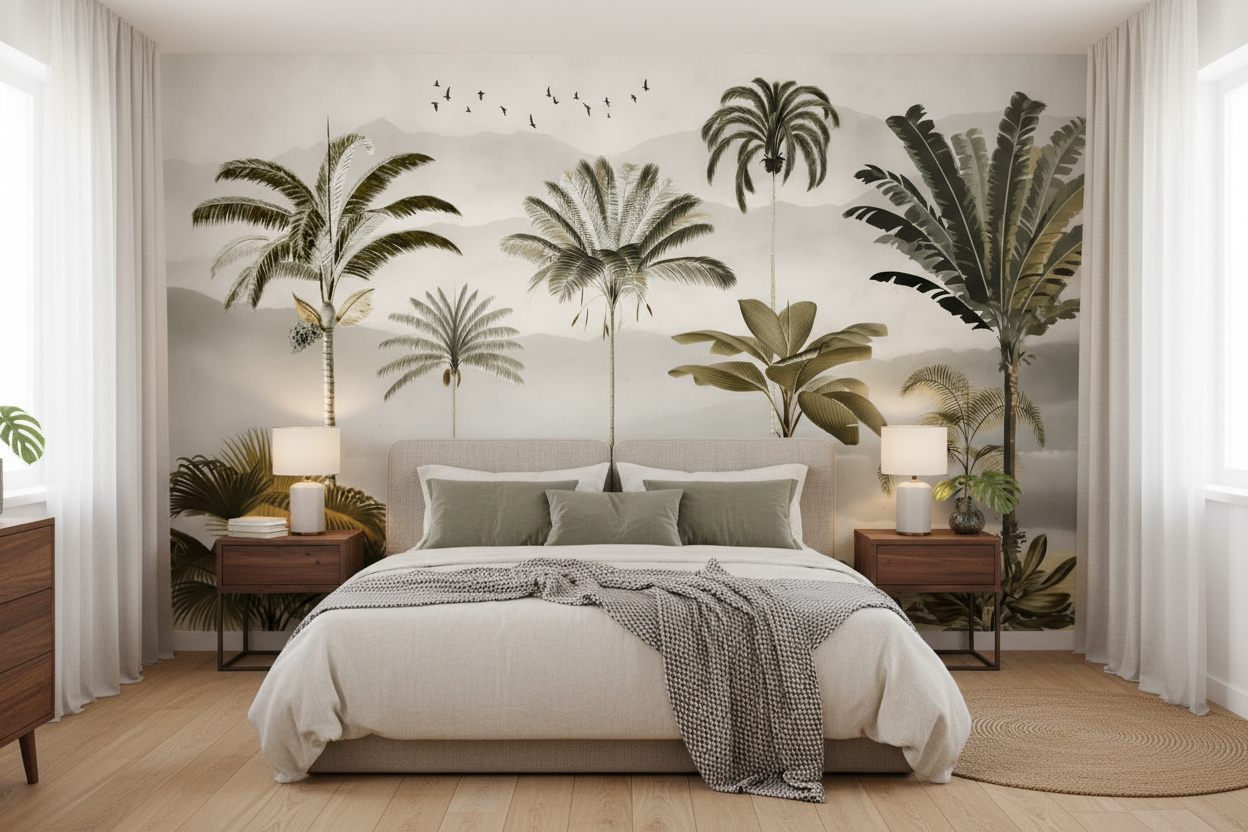 Palm Trees with Misty Mountains - Vintage Oasis Tropical Wall Mural