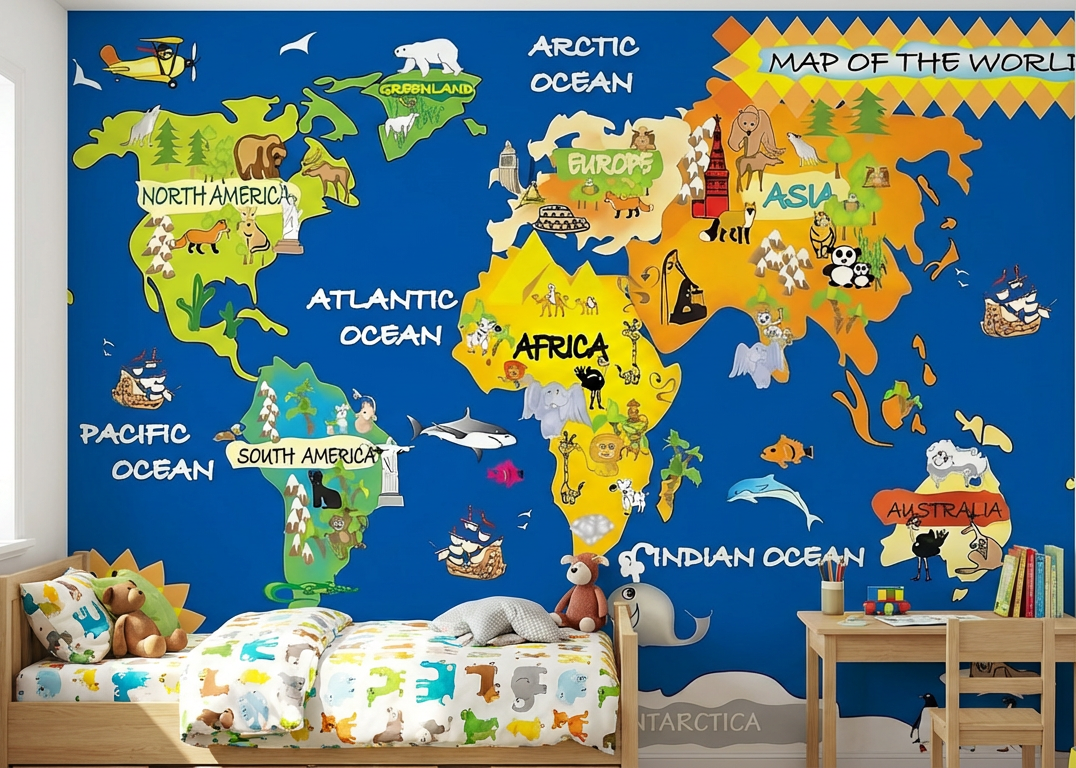 Best Wallpaper Showroom In Gurgaon_Blue World Map_Wallpaper Studio
