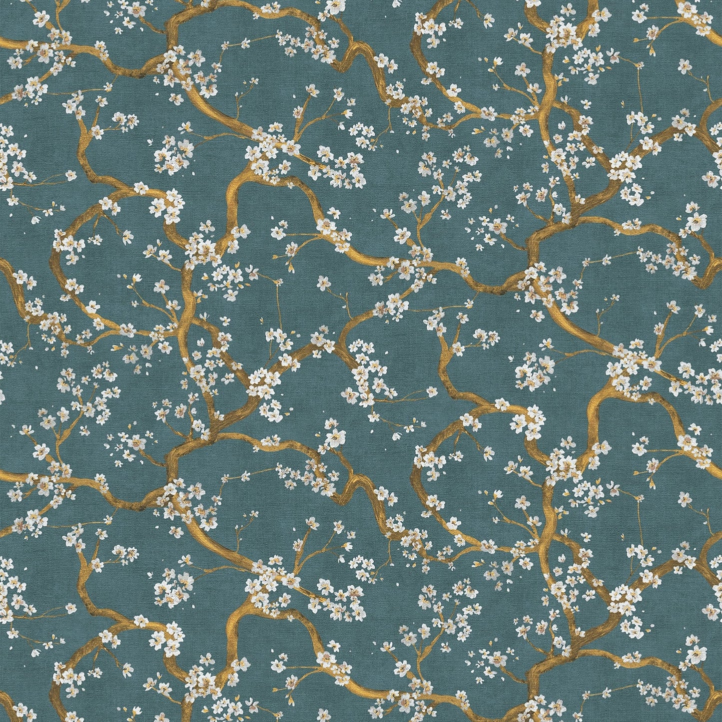 Floral pattern with white flowers and gold branches on a teal background