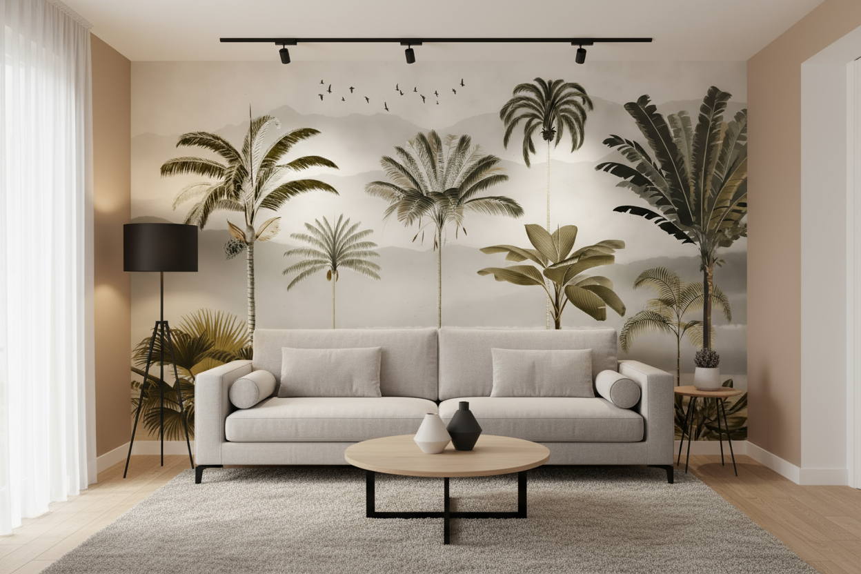 Palm Trees with Misty Mountains - Vintage Oasis Tropical Wall Mural