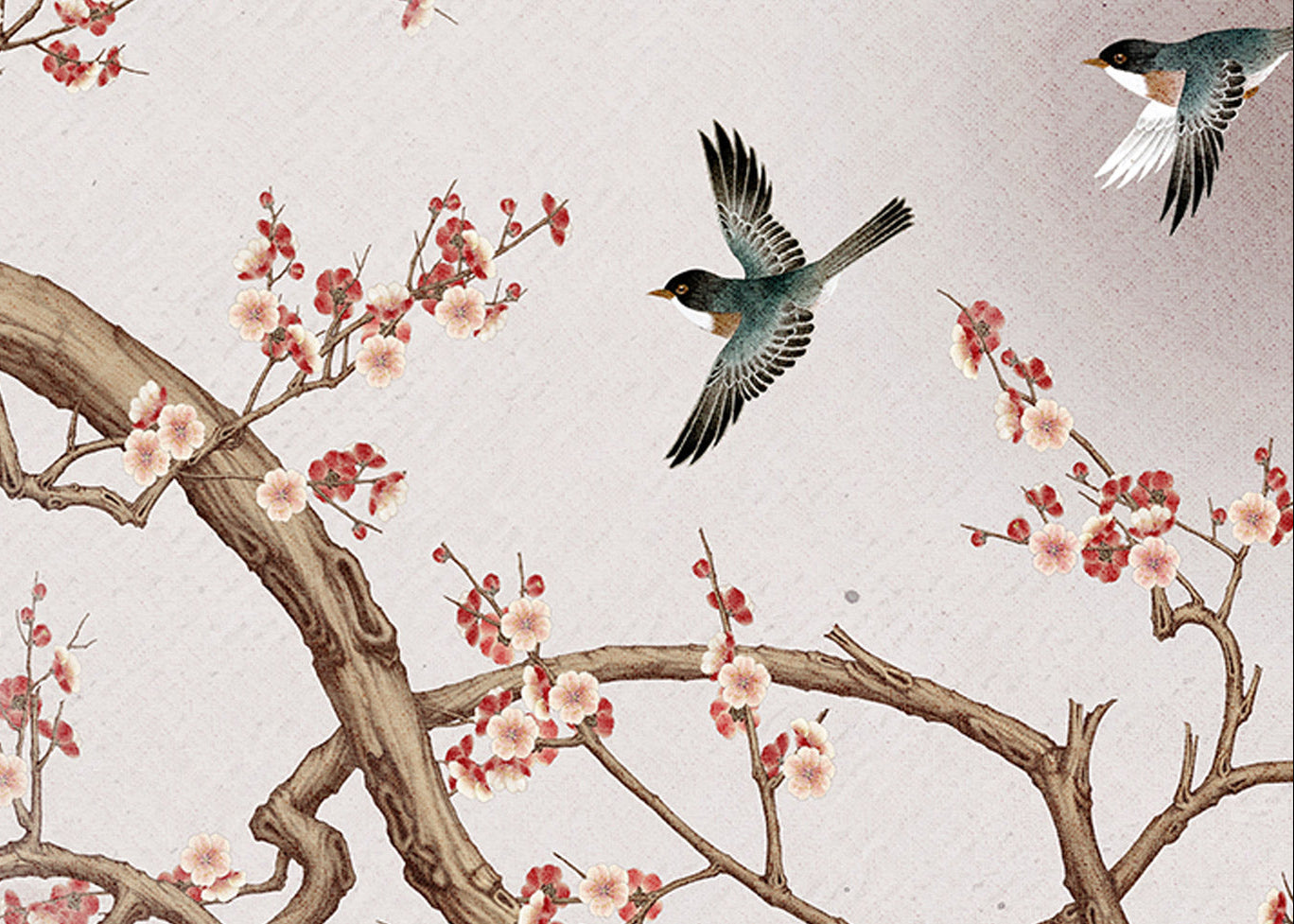 Elegant Plum Blossom Branch with Soaring Birds in a Soft Watercolor Landscape
