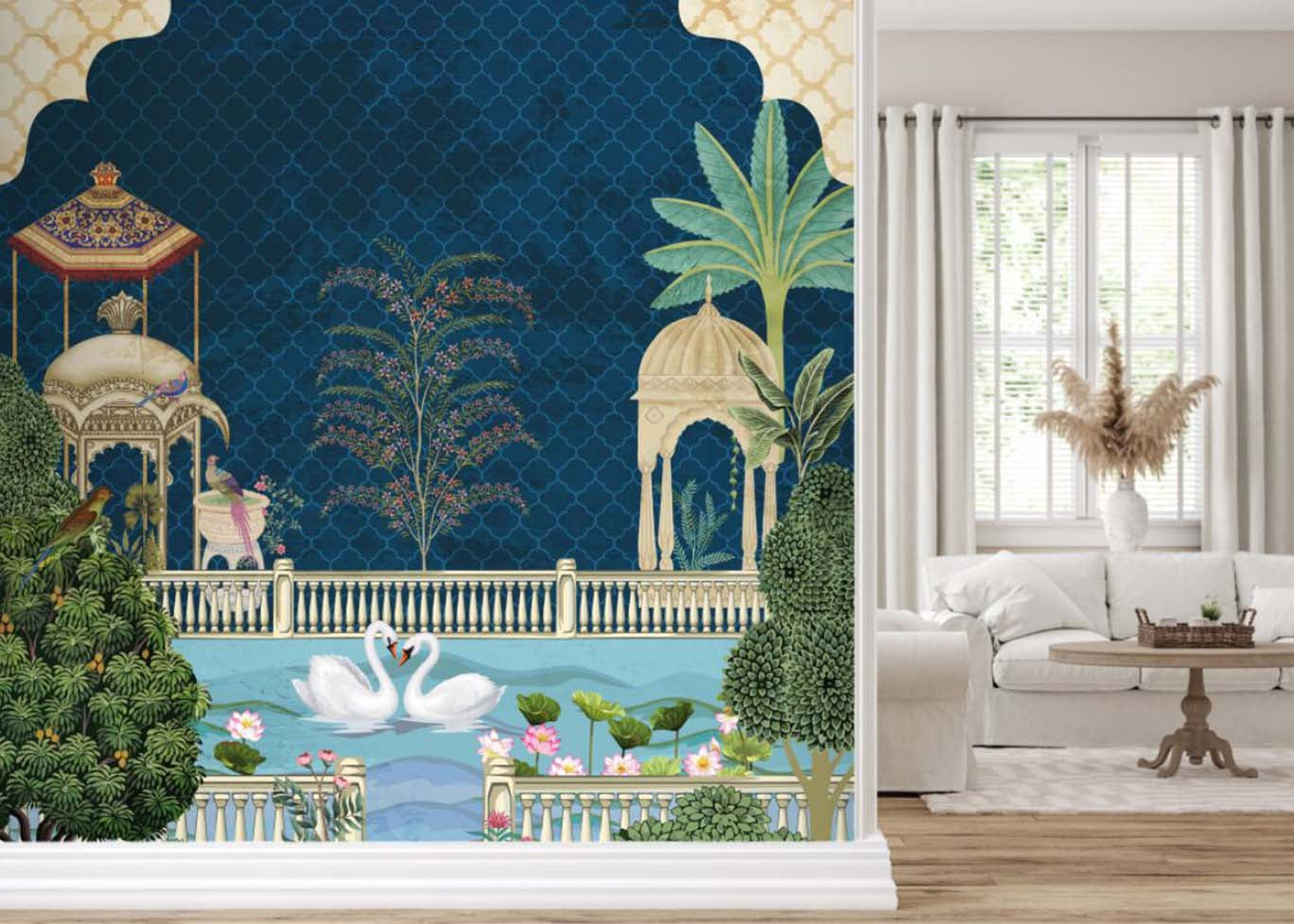 Enchanted Lakeside Pavilions with Swans and Exotic Birds