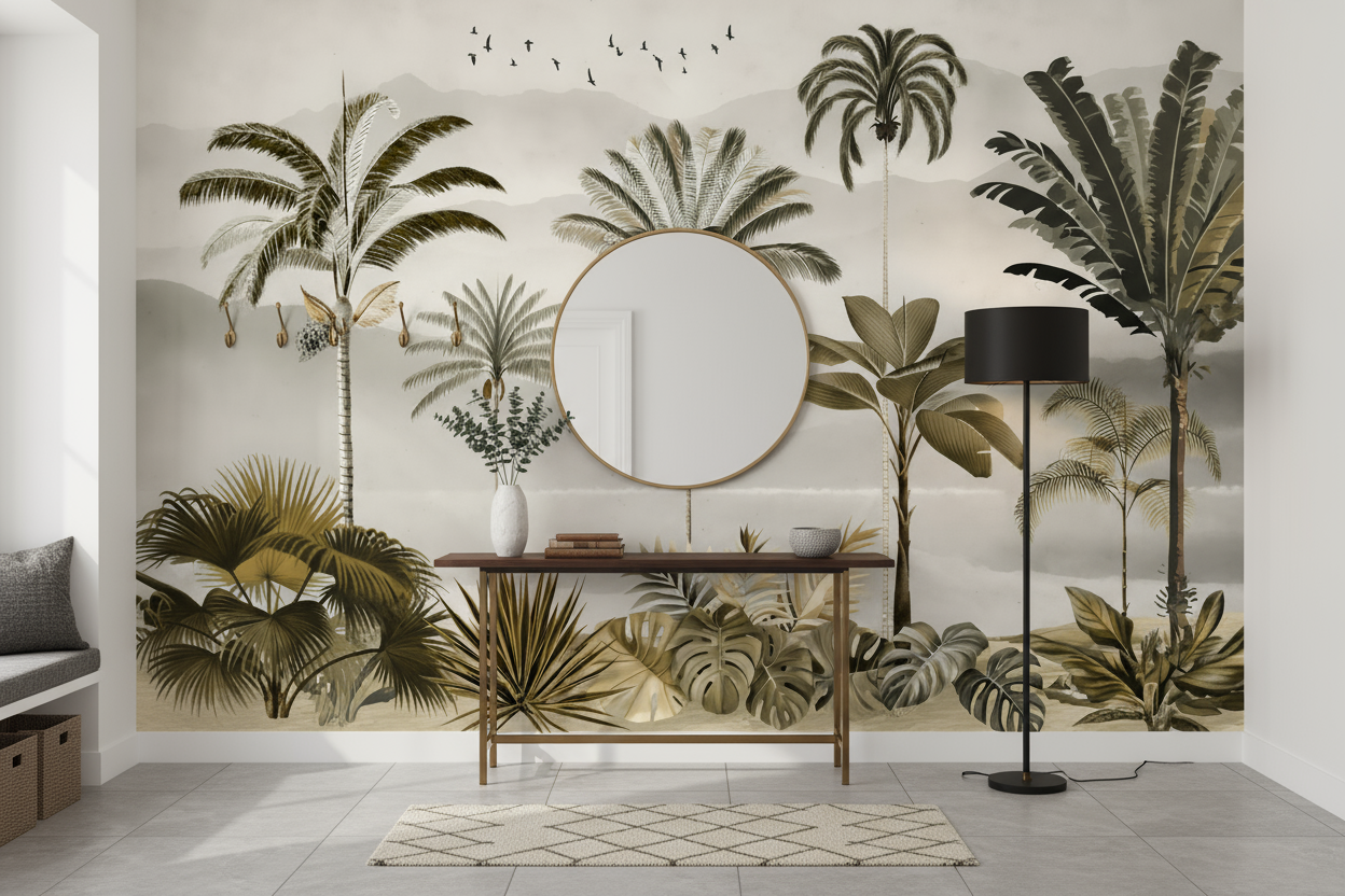 Palm Trees with Misty Mountains - Vintage Oasis Tropical Wall Mural