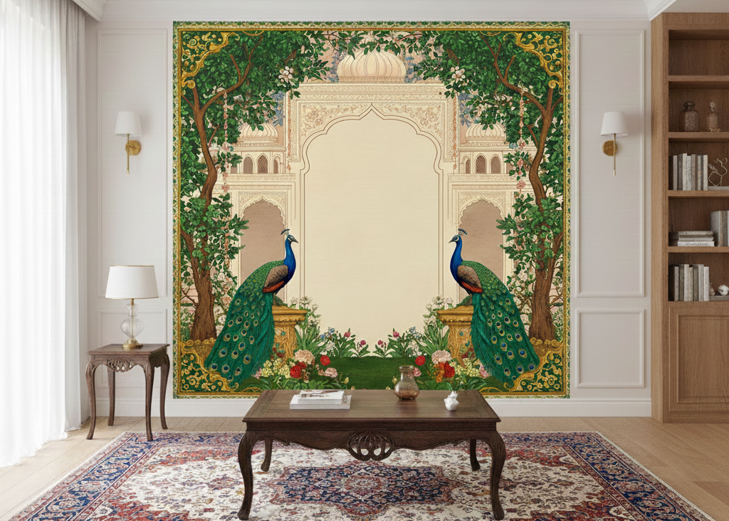 Majestic Peacocks Adorning the Timeless Mughal Palace Garden