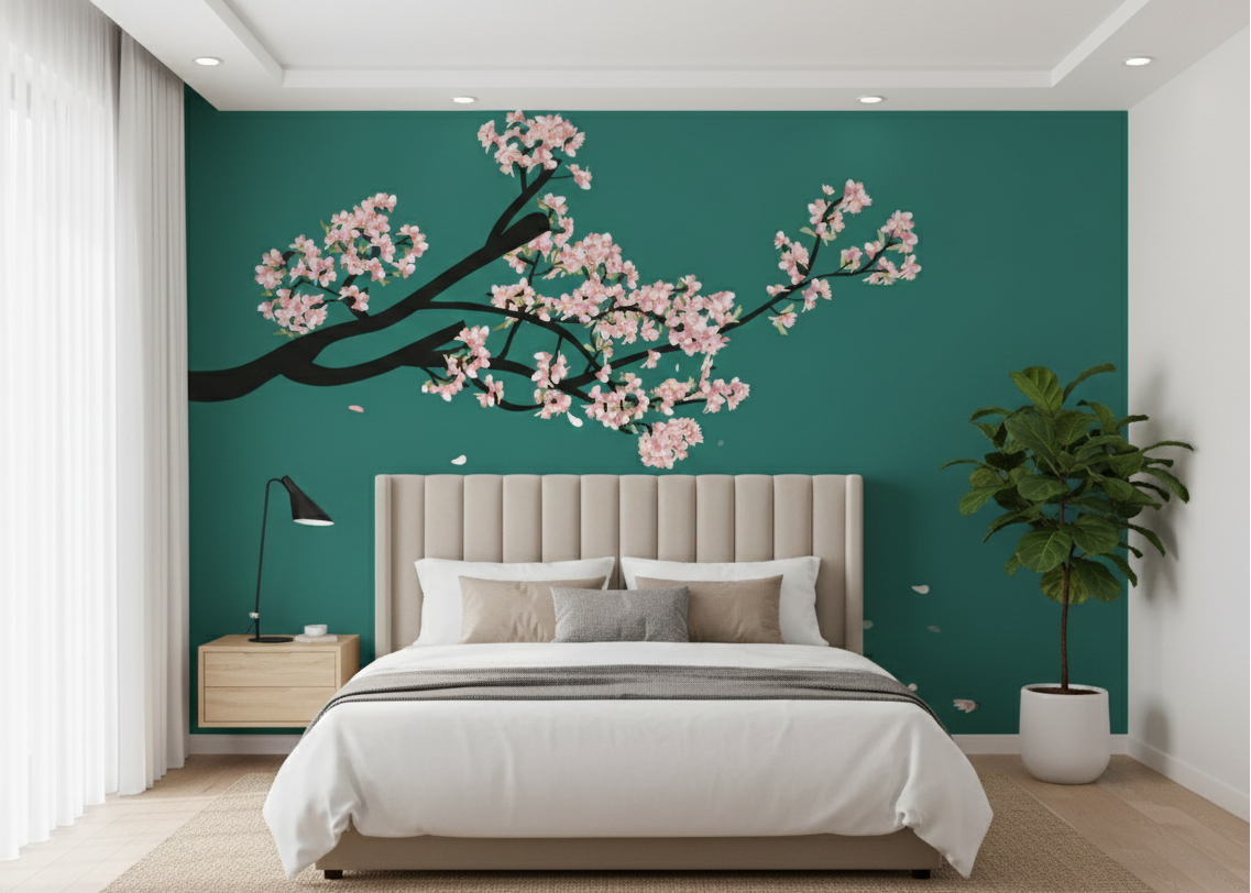 Minimalist Cherry Blossom Branch with Falling Petals on Teal Background