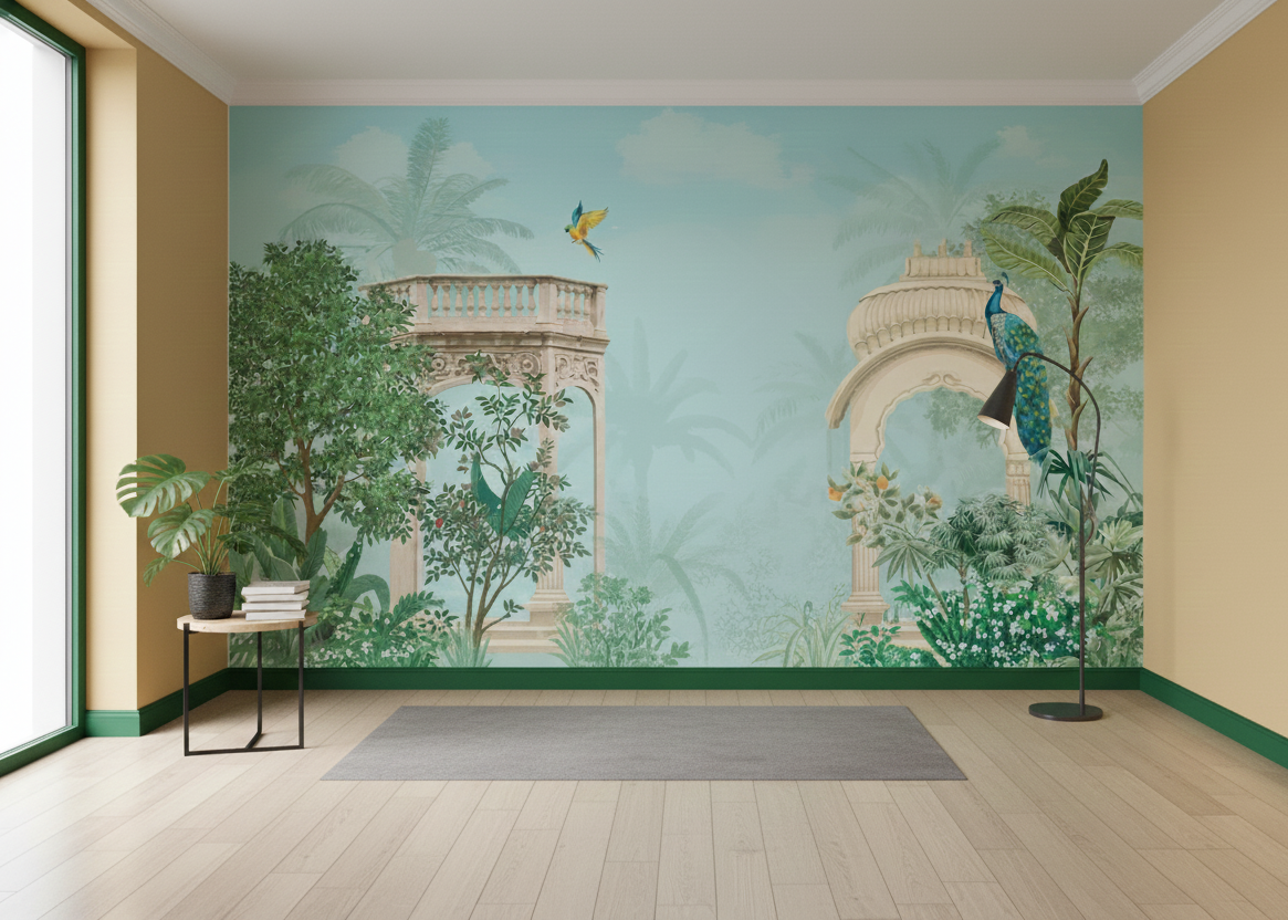 Enchanted Tropical Garden with Majestic Birds and Elegant Architecture Mural