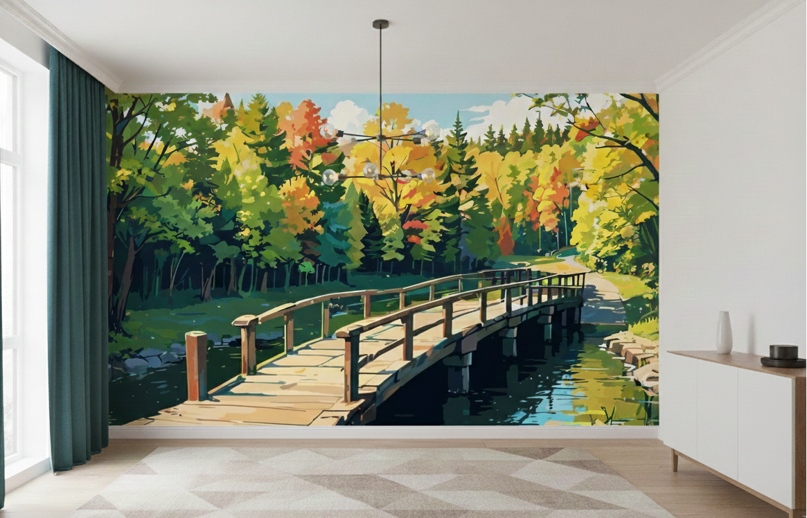 Autumn Crossing: A Sunlit Wooden Bridge Through a Tranquil Forest in Fall