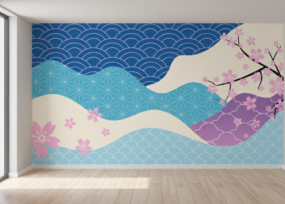 Elegant Japanese Sakura Waves Wallpaper with Traditional Seigaiha Patterns