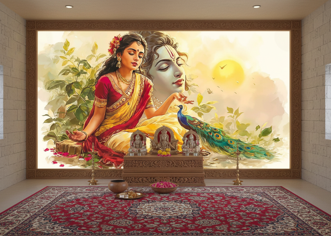 Radha and Krishna in a Timeless Embrace of Divine Grace