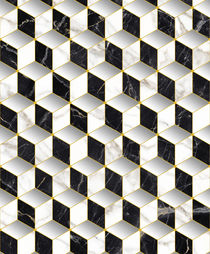 Geometric pattern of black, white, and gold tiles.