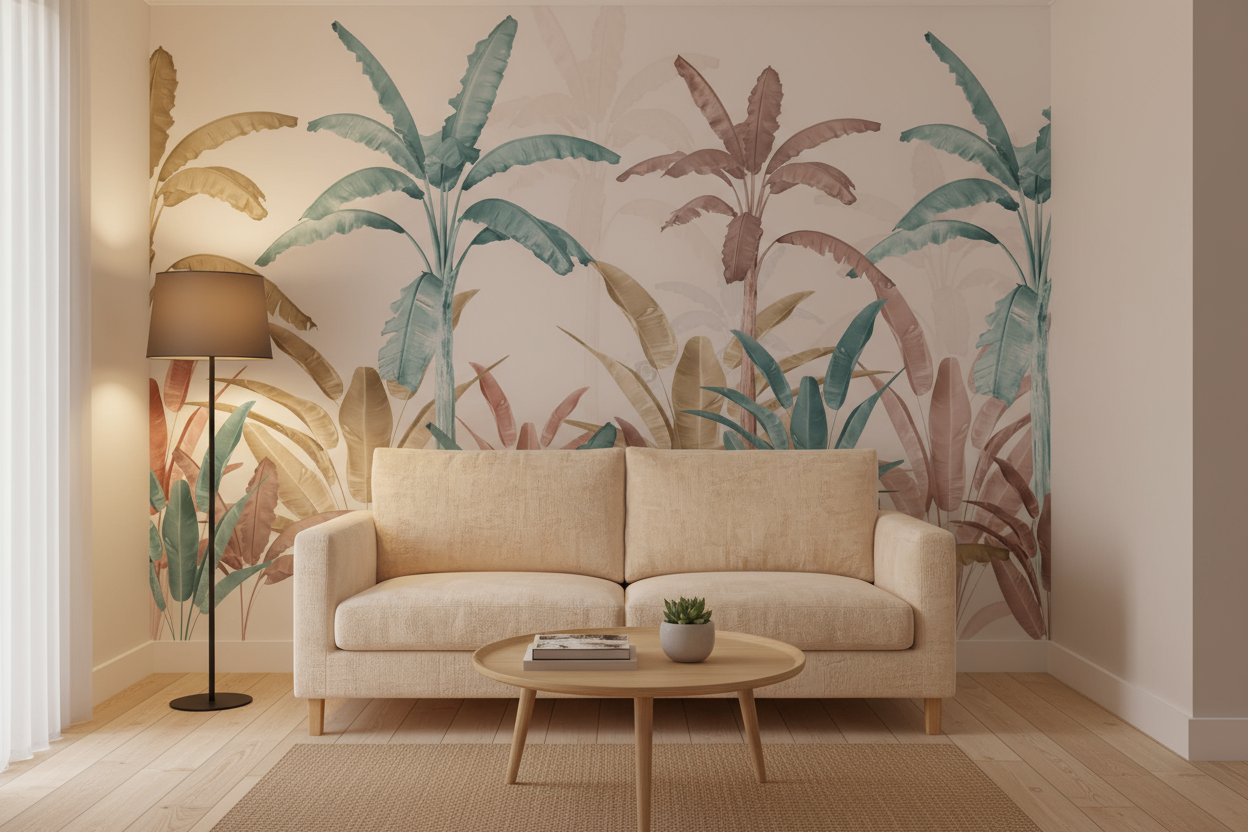 Pastel Paradise Banana Leaf Wallpaper – Soothing Tropical Foliage Mural