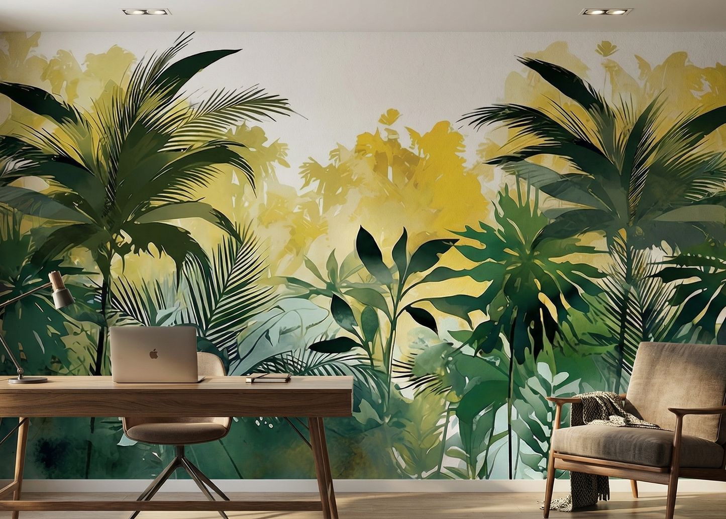 Sunlit Tropical Forest Illustration with Layered Palm Trees