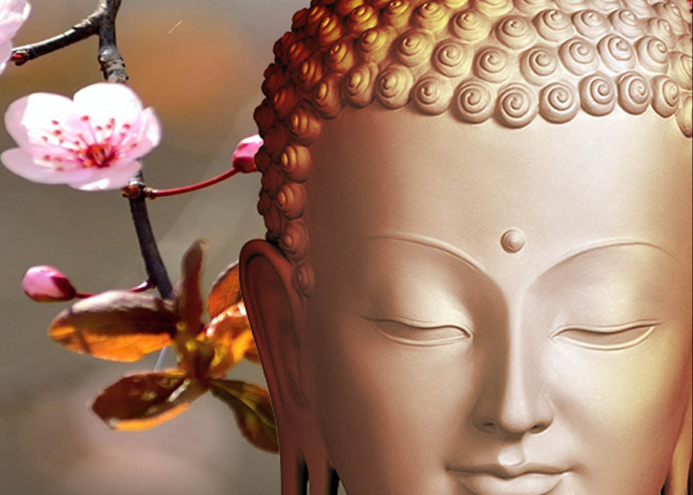 Tranquil Buddha Sculpture: Blossoming Cherry Flowers