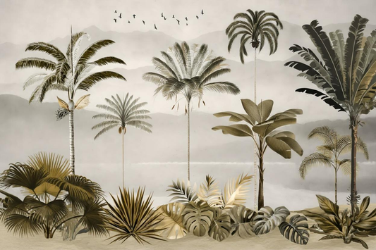Palm Trees with Misty Mountains - Vintage Oasis Tropical Wall Mural