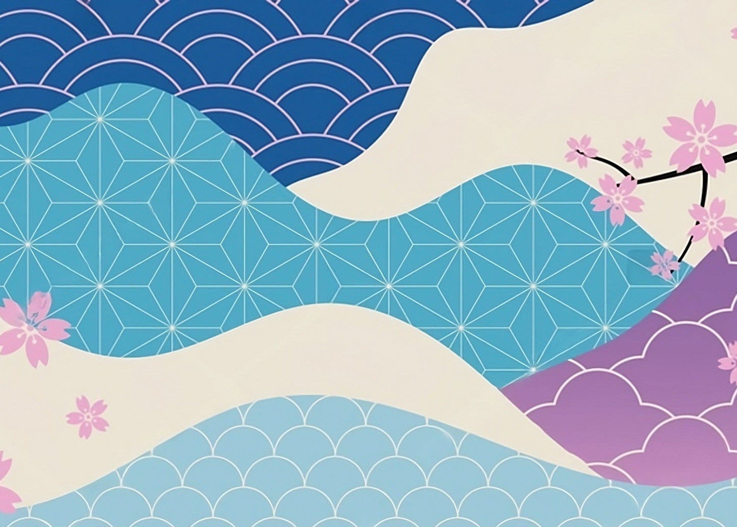 Elegant Japanese Sakura Waves Wallpaper with Traditional Seigaiha Patterns