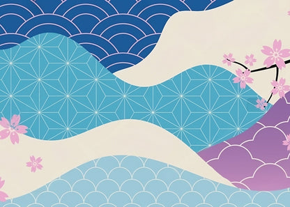 Elegant Japanese Sakura Waves Wallpaper with Traditional Seigaiha Patterns