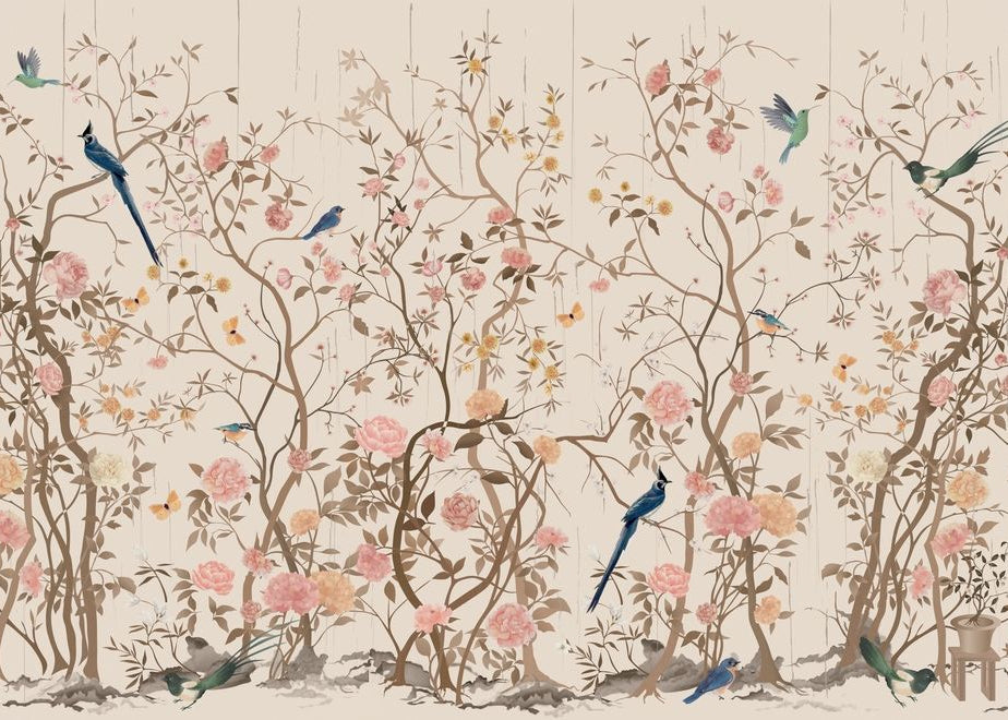 Elegant Chinoiserie Blossom Mural with Birds