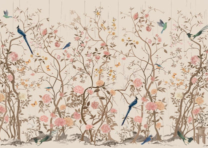 Elegant Chinoiserie Blossom Mural with Birds