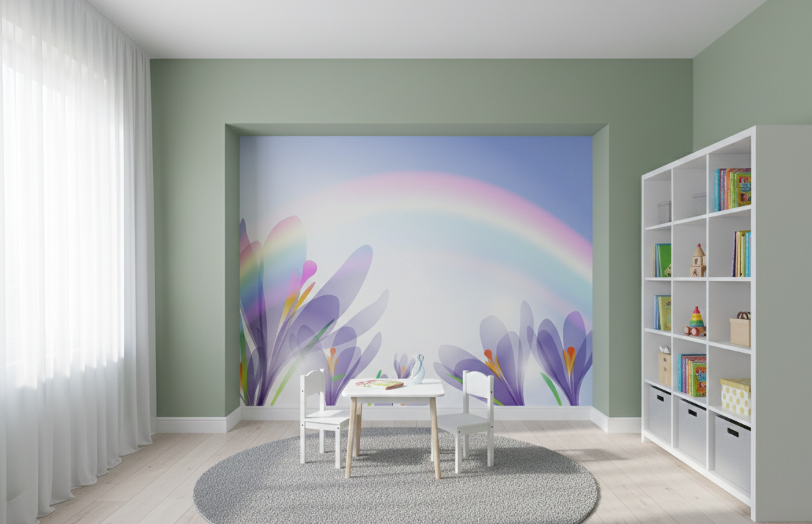 Ethereal Pastel Bloomscape Beneath a Soft Radiant Rainbow Sky ...
