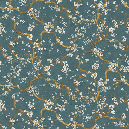 Floral pattern with white flowers and gold branches on a teal background