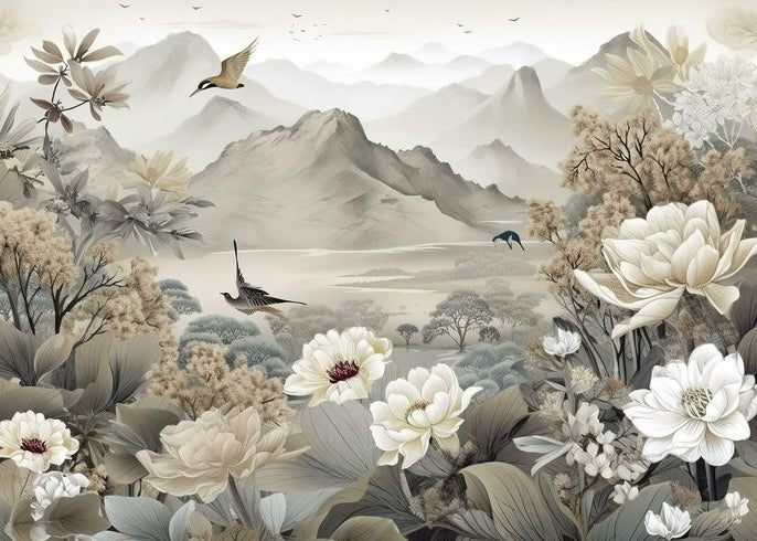 Serene Mountain Garden with Birds and Blossoms