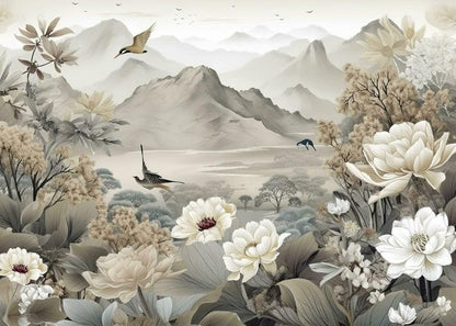 Serene Mountain Garden with Birds and Blossoms
