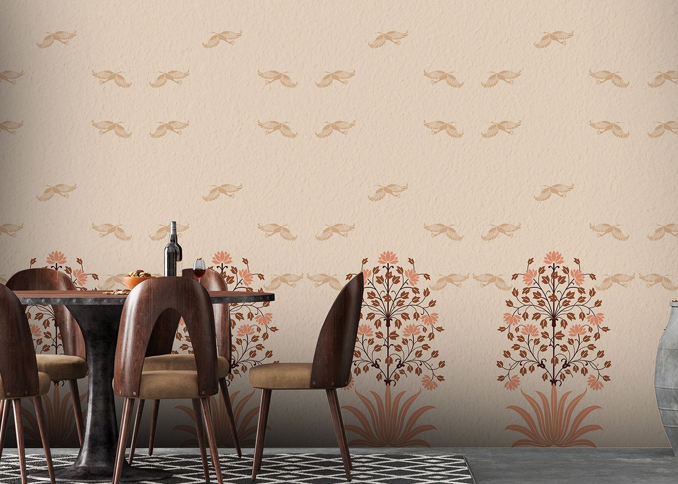Elegant Floral and Bird Motif Wallpaper