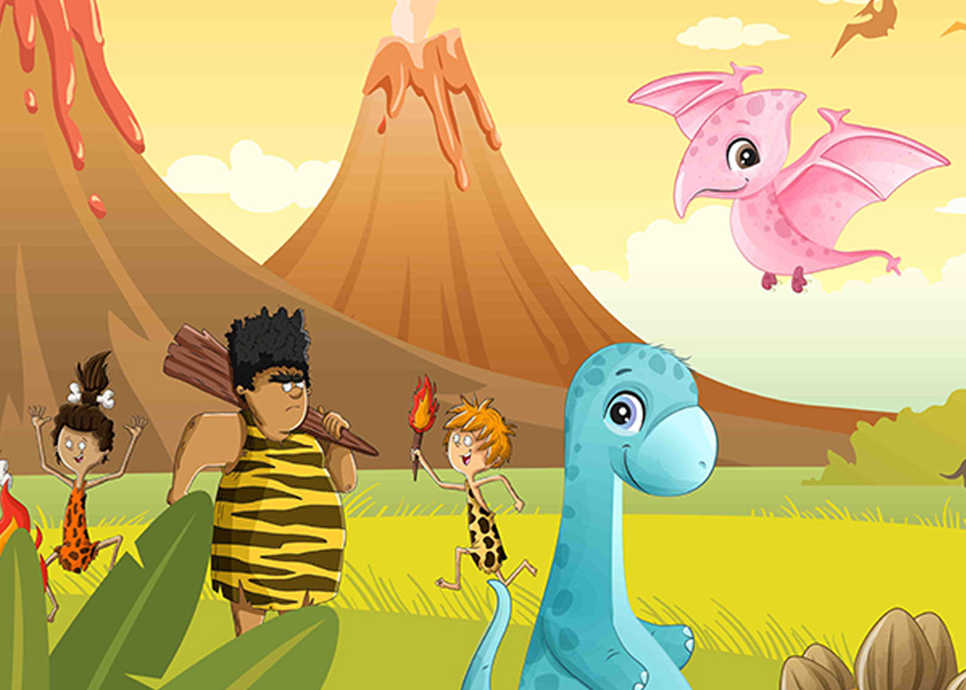 Adventure with Cute Dinosaurs and Playful Cave Kids
