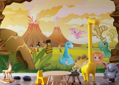 Adventure with Cute Dinosaurs and Playful Cave Kids