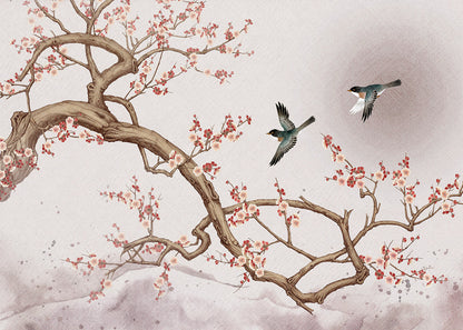Elegant Plum Blossom Branch with Soaring Birds in a Soft Watercolor Landscape