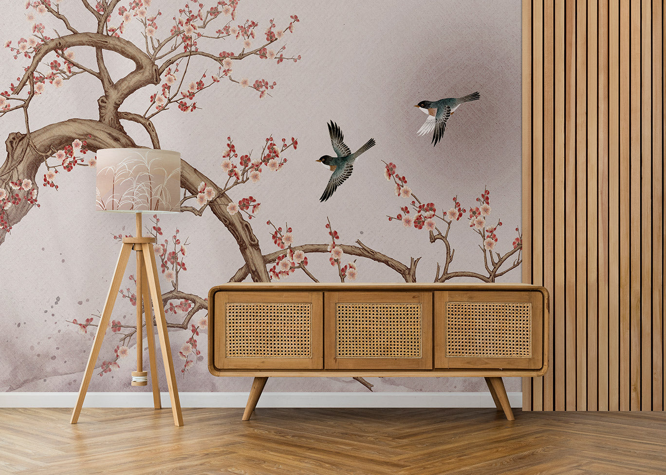 Elegant Plum Blossom Branch with Soaring Birds in a Soft Watercolor Landscape
