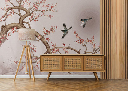 Elegant Plum Blossom Branch with Soaring Birds in a Soft Watercolor Landscape