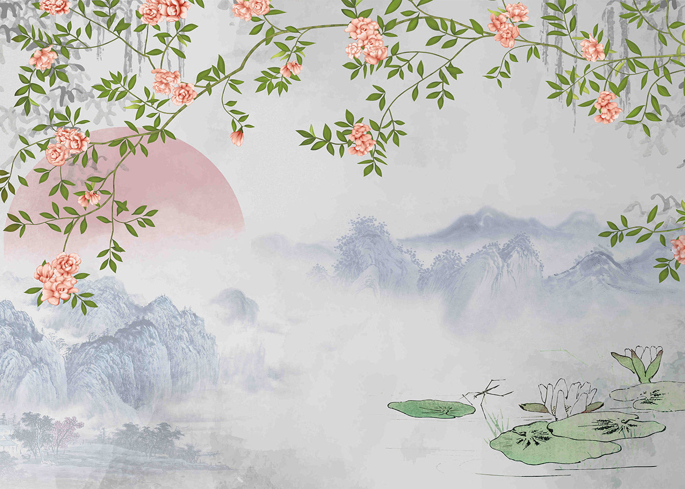 Serene Blossoms and Misty Mountains