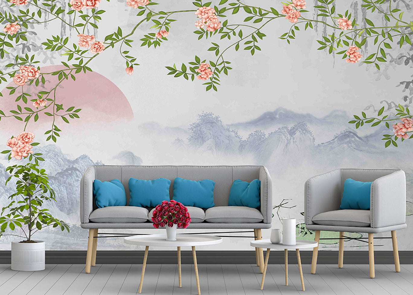 Serene Blossoms and Misty Mountains