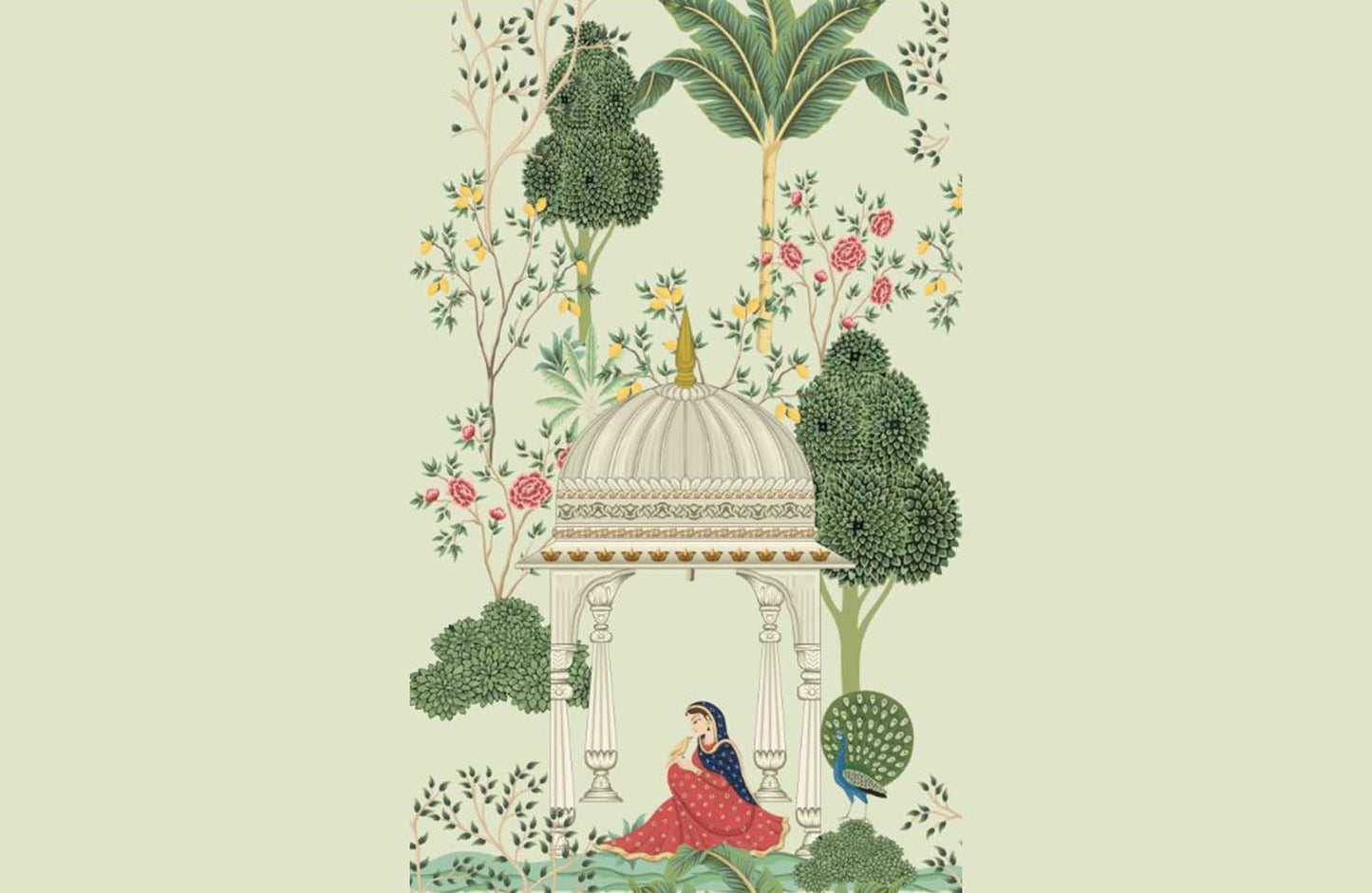 Tranquil Garden Pavilion with Lush Florals and a Majestic Peacock