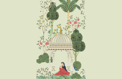 Tranquil Garden Pavilion with Lush Florals and a Majestic Peacock