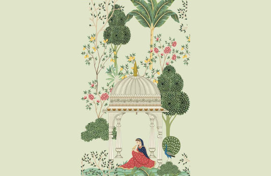 Tranquil Garden Pavilion with Lush Florals and a Majestic Peacock