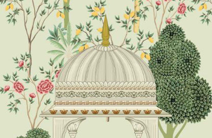 Tranquil Garden Pavilion with Lush Florals and a Majestic Peacock