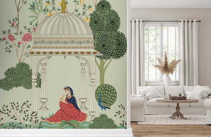 Tranquil Garden Pavilion with Lush Florals and a Majestic Peacock