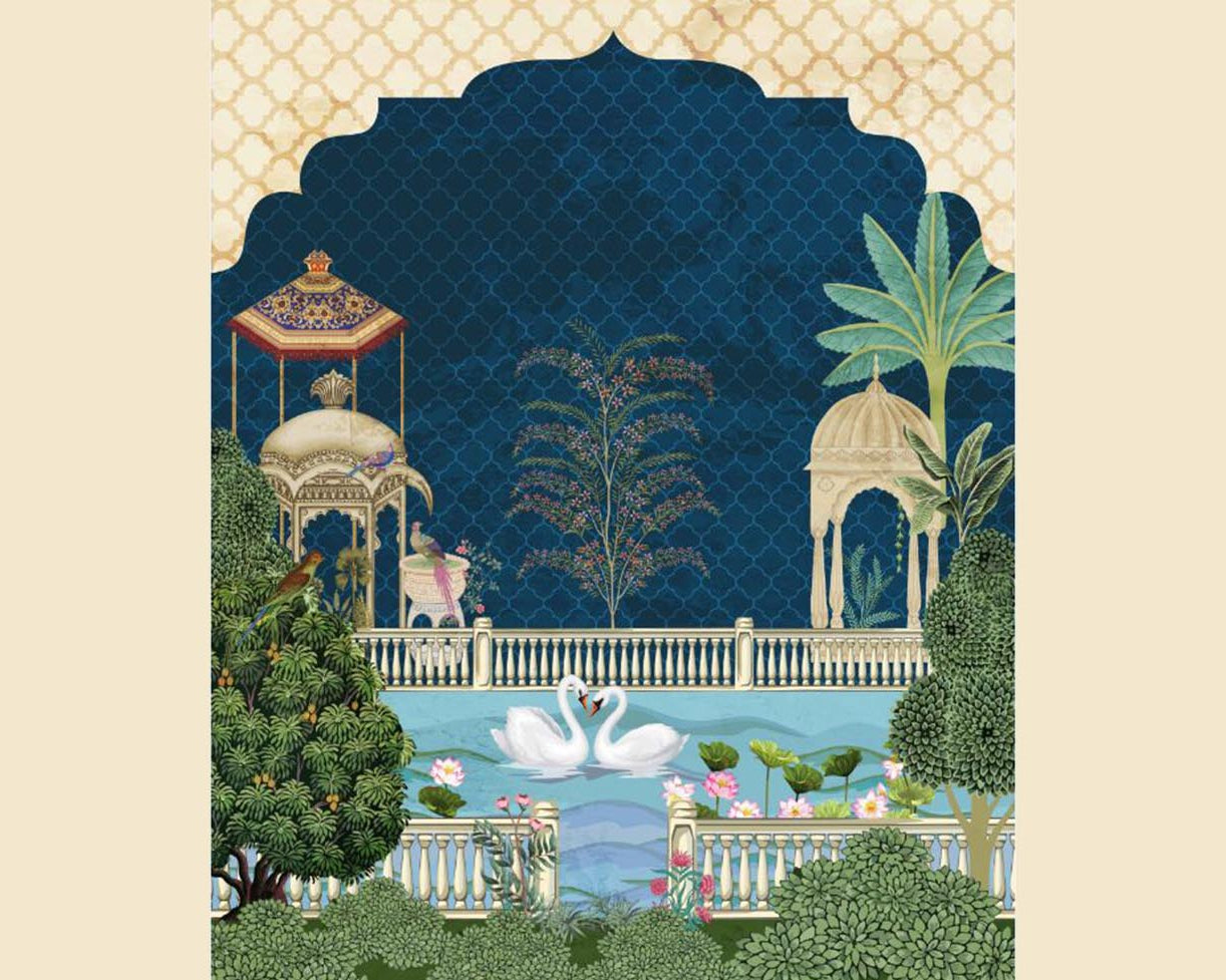 Enchanted Lakeside Pavilions with Swans and Exotic Birds