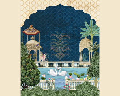 Enchanted Lakeside Pavilions with Swans and Exotic Birds