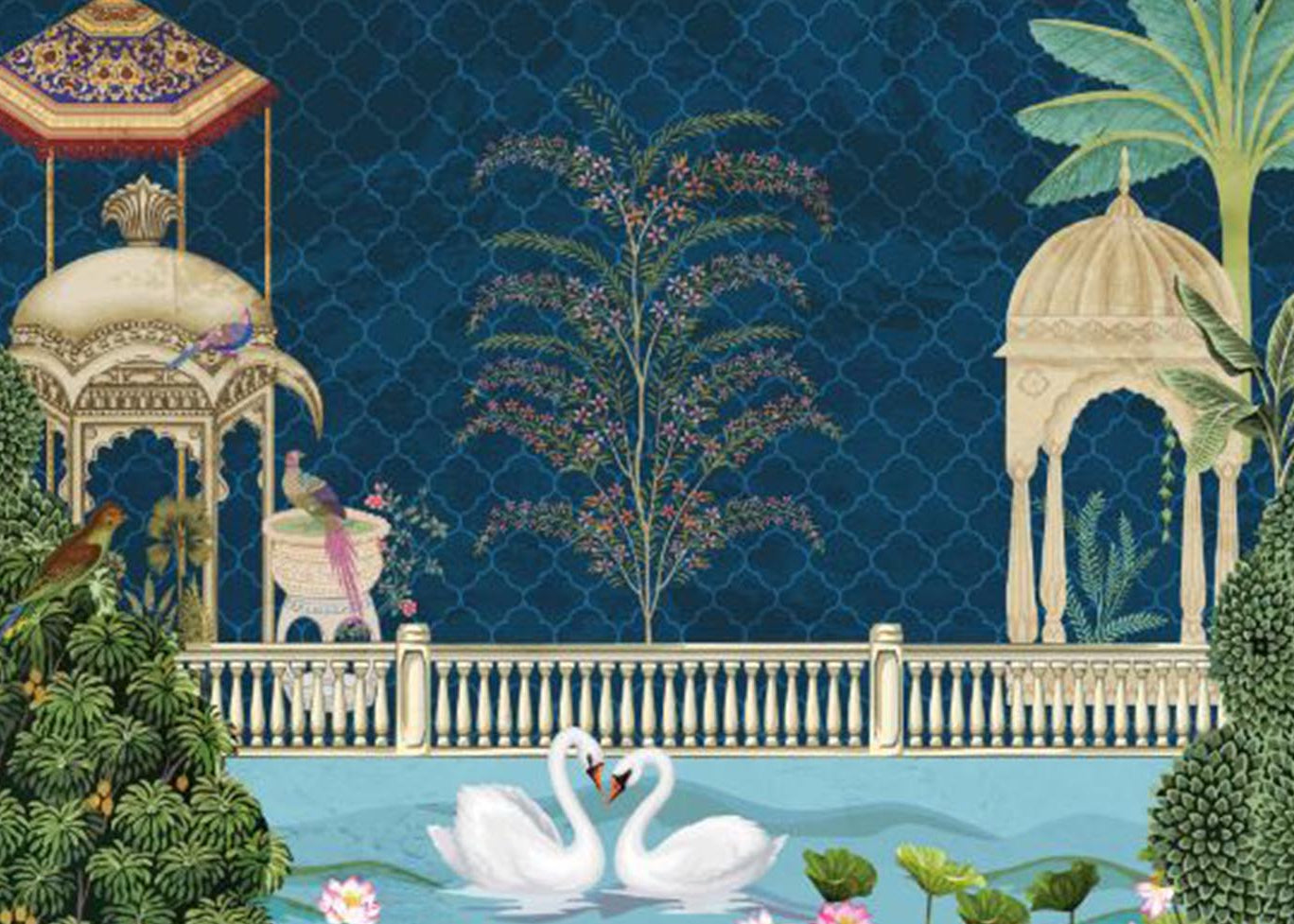Enchanted Lakeside Pavilions with Swans and Exotic Birds