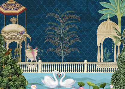Enchanted Lakeside Pavilions with Swans and Exotic Birds