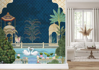 Enchanted Lakeside Pavilions with Swans and Exotic Birds