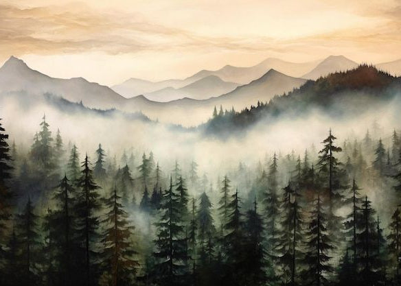 Endless Tapestry of Misty Pine Forests and Layered Mountain Ranges