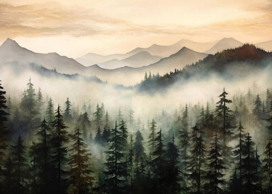 Endless Tapestry of Misty Pine Forests and Layered Mountain Ranges