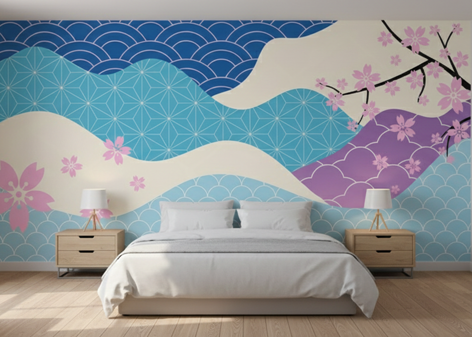Elegant Japanese Sakura Waves Wallpaper with Traditional Seigaiha Patterns