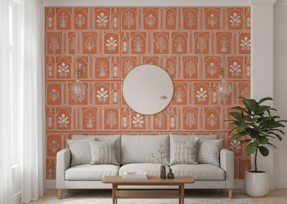 “Mughal Echoes: Floral Silhouettes in Ornate Archway Frames