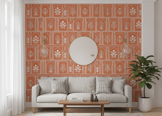 “Mughal Echoes: Floral Silhouettes in Ornate Archway Frames