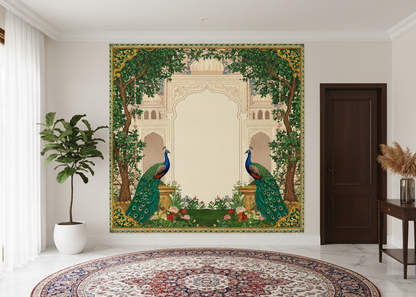 Majestic Peacocks Adorning the Timeless Mughal Palace Garden